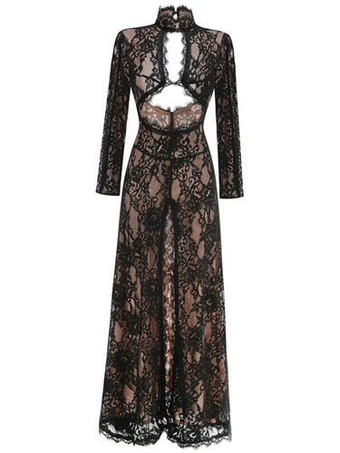 Black lace dress with long sleeves on a white background